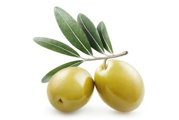 Two big olives with olive leaves, isolated on white