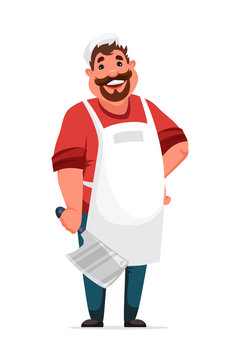 Friendly smiling butcher man standing on white