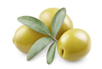 Three big olives with olive leaves, isolated on white