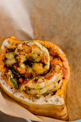 Pita with shrimp. The cuisine of Tel Aviv.