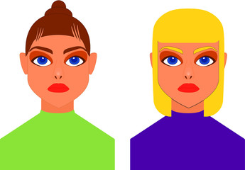 Brunette and blonde girls front side portrait view