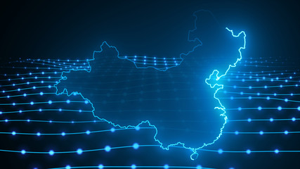 China Digital Map with Glowing lines and particles Technology Connected world Modern futuristic map of China Chinese Map 8K Illustration.