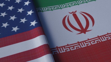 United States of America vs Iran, Iranian  flags placed side by side.   flame flags of America and Iran, Iranian. 3D illustration