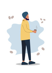 Friendship of an Indian man and hot coffee. Handsome Turkish man drinks traditional coffee - cartoon.