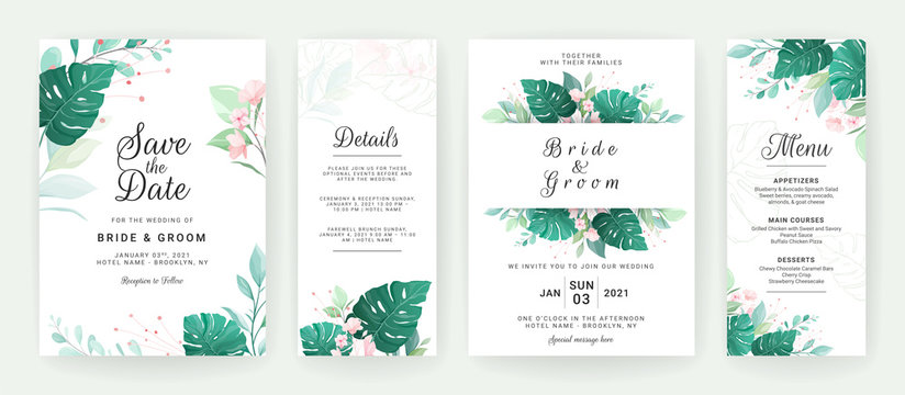 Greenery wedding invitation template design of tropical leaves. Botanic illustration for save the date, event, cover, poster, banner. Set of cards with floral decoration vector