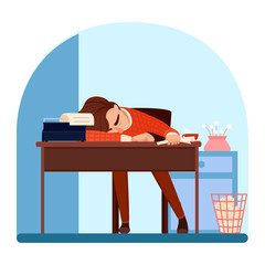 Exhausted writer character sleeping at workplace