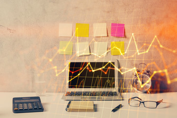 Multi exposure of chart and financial info and work space with computer background. Concept of international online trading.