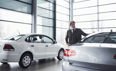 Senior businessman in suit and tie with gray hair and beard walking in auto salon and looking for new car