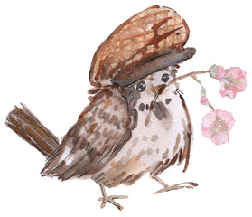 A sparrow in a checkered cap holds a flowering branch of an apple tree in its beak. Drawn in watercolor by hand.