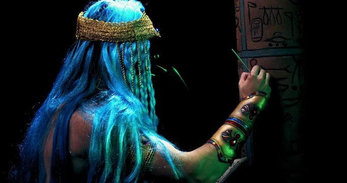 Deity of wisdom and writing Thoth is painting a column with a brush, 4k