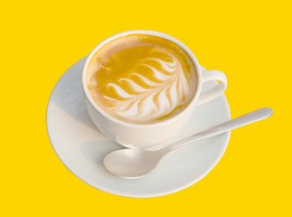 coffee photography object with hot latte art coffee cream foam in vintage coffee cup set