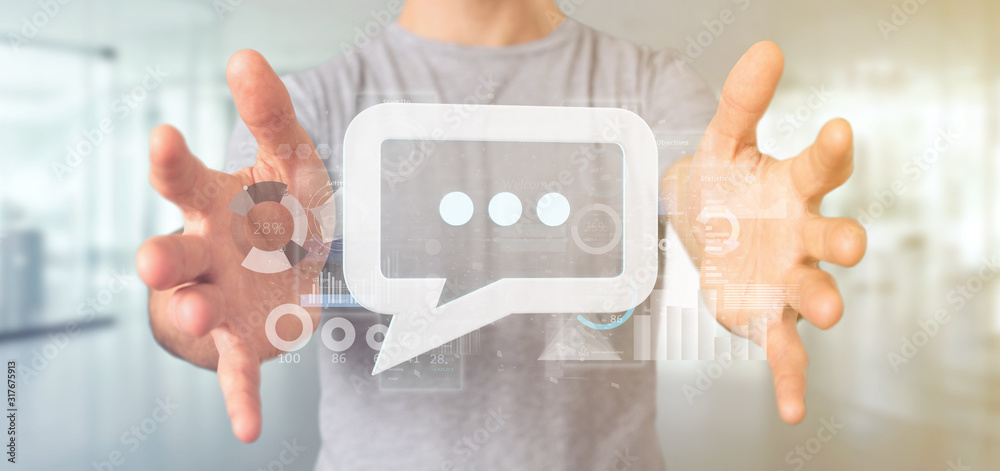 Poster view of a businessman holding a message icon with data in background - 3d rendering