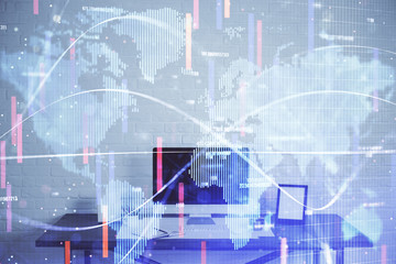 Multi exposure of business theme icons and work space with computer background. Concept of success.