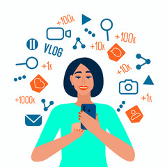 Illustration with social network girl phone. Social media app. Mobile internet. Friends communication. Flat vector illustration.