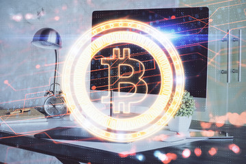 Double exposure of blockchain theme hologram and table with computer background. Concept of bitcoin...