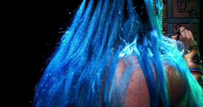 Thoth with blue hair is standing in a dark room and painting a column, 4k