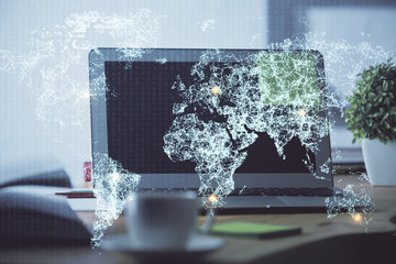 Computer on desktop with social network theme icon. Multi exposure. Concept of international...