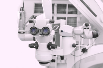 Medical ophthalmology professional equipment. Microsurgical microscope in a operating room. Ophthalmologist clinic concept 