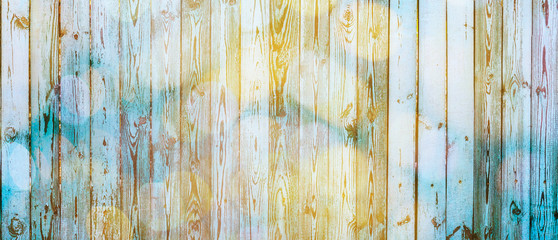 Vintage Blue and yellow Rustic Wooden Background. Grunge Old Wood Shabby Peeling Paint Isolated Wall Texture close up. Art Background. Creative Wallpaper or Web banner With Copy Space for design