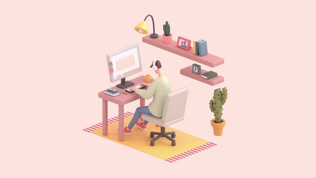 3d seamless animation of young man sitting at office desk working on computer. Cartoon guy with headphones listening music. Modern teenager boy room with workplace bookshelves, cactus in pastel colors