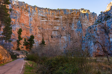 View of the road that follows the Mesa gorge to Calmarza, Jaraba, Aragon, Spain