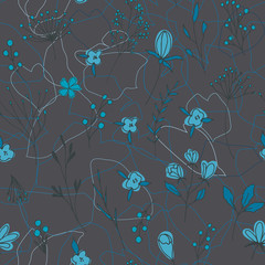Floral vector seamless pattern with  flowers, berries, leaves and twigs. Beautiful hand drawn bouquets in pastel colors in vintage style.