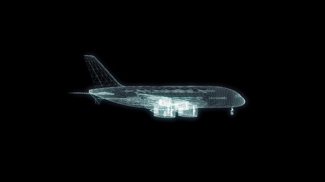 Airplane Hologram Wireframe. Nice 3D Render on a black background