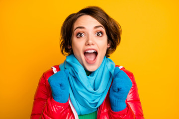 Closeup photo of beautiful lady open mouth excited addicted shopper black friday prices wear casual red overcoat blue scarf gloves isolated yellow color background