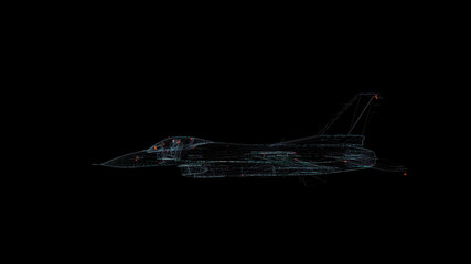 Fototapeta na wymiar F-16 warplane Hologram Wireframe. Nice 3D Render on a black background