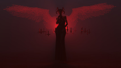 Black Seductive Devil Vampire Fallen Angel Horns Wings Formed out of Small Red Spheres in Pant Suit and Upside Down Floating Crosses Abstract Demon in a Foggy Void