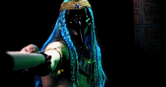 Ancient egyptian god Thoth is offering a scroll, column on the background, 4k