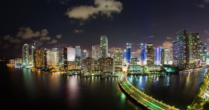 View from Brickell Key, a small island covered in apartment towers, towards the Miami skyline, Miami, Florida, USA - Time lapse