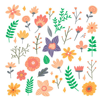 Floral bouquet of hand drawn fantasy folk flowers. Botanical illustration in flat cartoon style. Great as banner, print and card. Vector