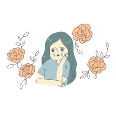 lonely young depresssed sad little girl with flower wreath around, crying woman trendy style art