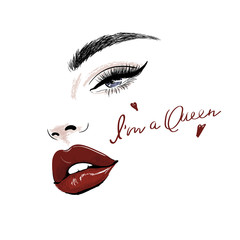 sensual face with red juicy lips and eye