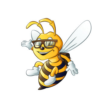 Smart bee logo mascot honey insect animal yellow apiary sweet pollen fly hive bug cute agriculture beehive honeycomb organic bio sting cartoon happy funny bumblebee nerd glasses
