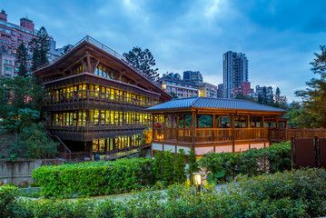 Naklejka premium night view of library in beitou, taipei, taiwan
