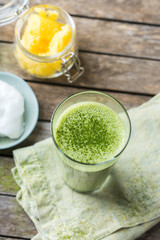 Ketogenic bulletproof matcha latte tea, coconut oil and ghee butter