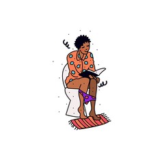 Handdrawn vector funny illustration of a girl reading on the toilet. A cartoon sketch. - 317684752