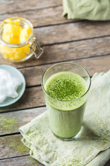 Ketogenic bulletproof matcha latte tea, coconut oil and ghee butter