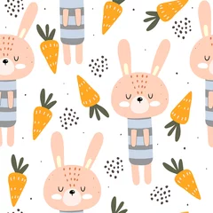  Naadloze patroon met cartoon konijntjes, decor elementen. kleurrijke vector voor kinderen. handtekening. babyontwerp voor stof, decoratie, wikkel, print, textiel © Ann1988