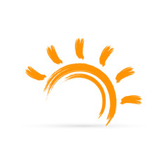 Sun icon isolated on white. Grunge red sun. Kids hand drawing design. Vector stock illustration