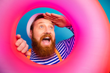 Close up photo excited funny man watch pink life relax saver rescue look ahead scream wow omg wear...