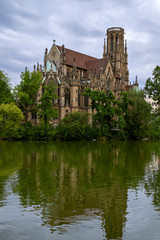 Obraz premium The Protestant Church of St John Johanneskirche (Church of St. John) , in the Feuersee (lake of fire) and is now one of the most important tourist attractions Stuttgart. The church was built in 1864