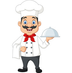 Cartoon funny chef with a mustache holding a silver platter