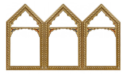 Triple golden gothic frame (triptych) for paintings, mirrors or photos isolated on white background