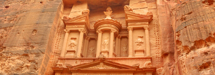 Banner panorama of The Treasury in Petra in Jordan, an archaeological site and one of most popular...