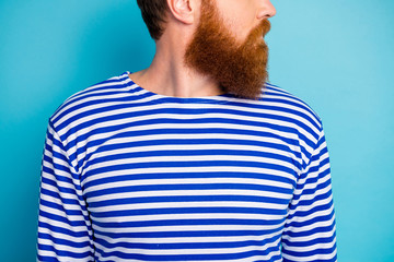 Profile side cropped close up photo of pensive man look copyspace have skincare spa salon ginger hairstyle beard balm procedure wear nautical outfit isolated blue color background