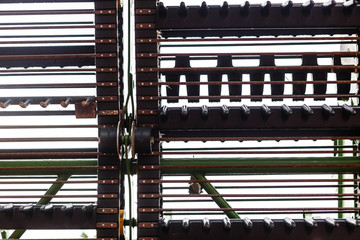 Close-up of detail of the mechanics of an industrial machine combine harvesters, Rotary combine harvester, Agricultural machinery. The machine for harvesting grain crops.