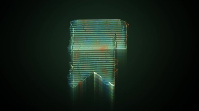 3d rendering glowing hologram of symbol of bookmark over page distorted glitch green old tv screen on black background